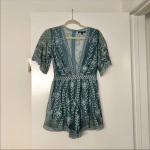 Honey Punch Small Teal Short Lace Romper